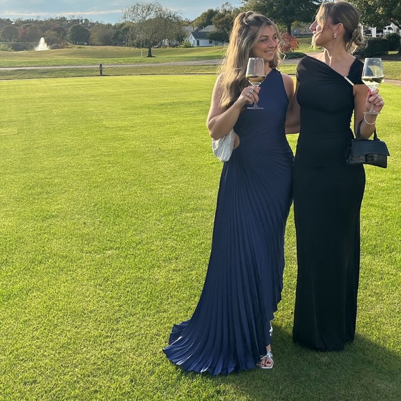 A.L.C. Delfina Asymmetrical Pleated Dress in Navy - Picture 2 of 11